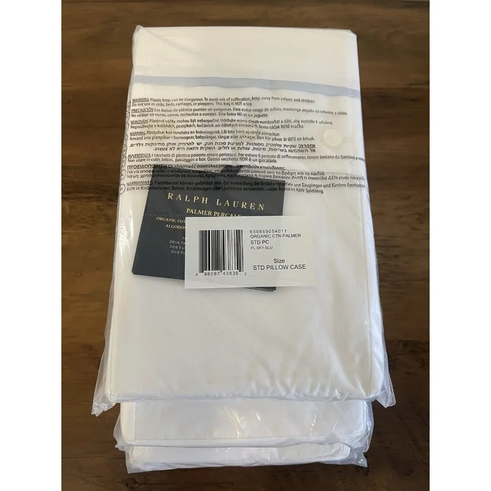 New Ralph Lauren Palmer Percale 2 King Pillowcases Organic Cotton Sky Blu Stripe